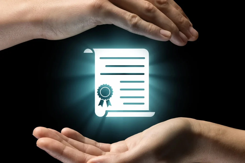 Hands protect a glowing certificate icon symbolizing security and trust.