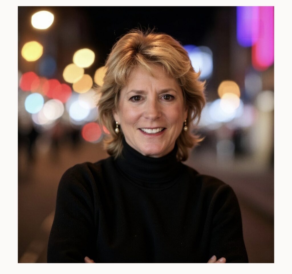Smiling woman with short hair in a black turtleneck at night.