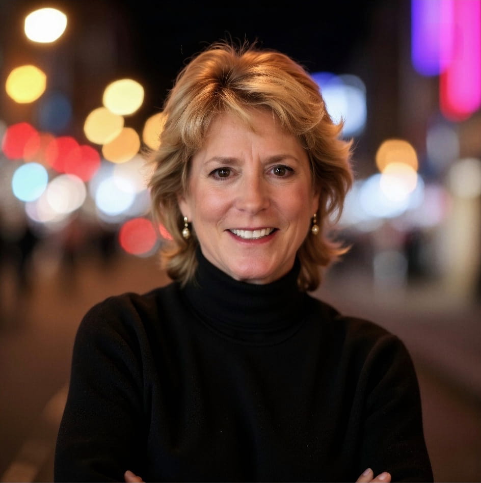 Smiling woman in black turtleneck, city lights